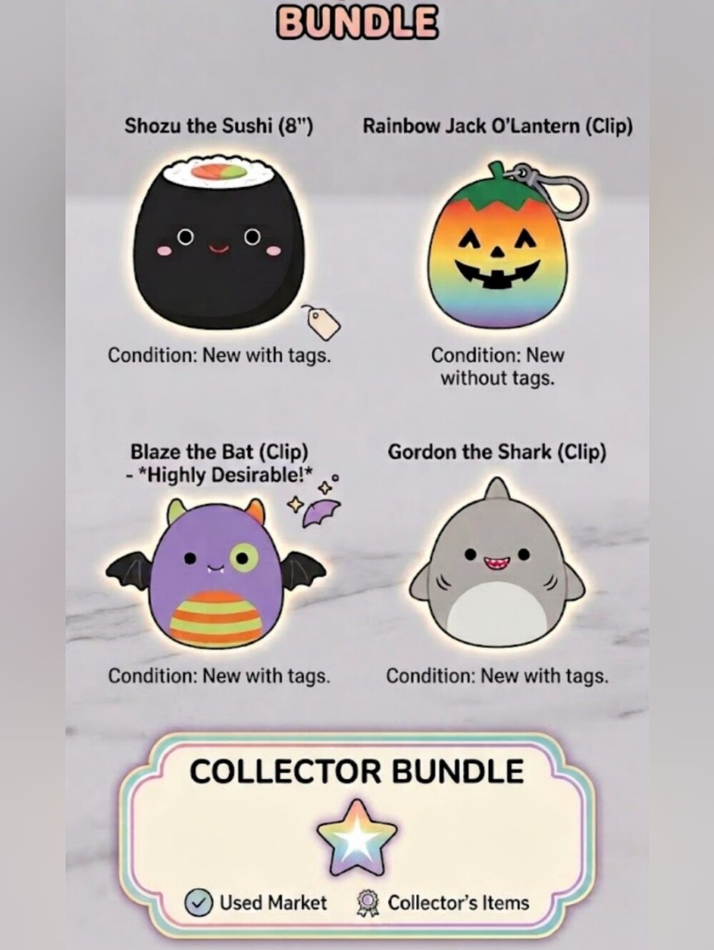 Squishmallow 4 Pc Bundle NWT Shozu Sushi 8" Blaze Bat Gordon Shark Pumpkin Clips